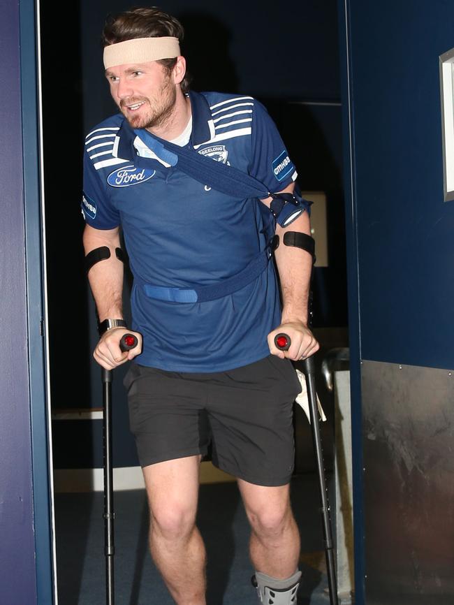 Geelong AFL Football Geelong Cats stake out - an Injured Patrick Dangerfield.the head bandage and shoulder sling are fake the moon boot real Arrives for a press conference in a moon boot Picture: Mark Wilson