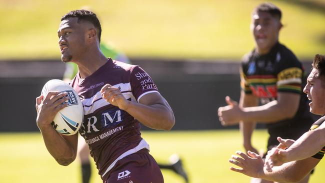 Manly's Latu Fainu on the break in the Harold Matthews game between Manly and Penrith in March.