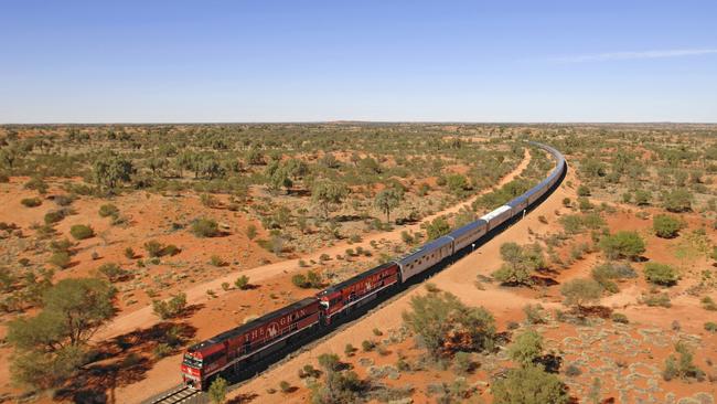 The Ghan travelling through the outback, NT. Picture: Tourism NT