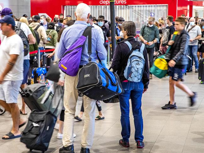 Long weekend crowds at Brisbane Domestic Terminal, Monday, May 3, 2021 - Picture: Richard Walker