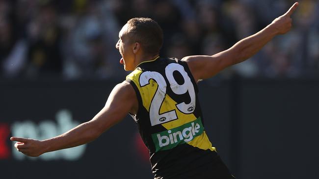 The young livewire absolutely loves a goal and Tiger fans will be seeing plenty more of these celebrations in 2018. Picture: Getty Images