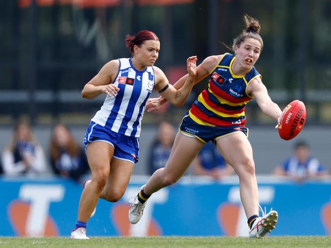 MELBOURNE, AUSTRALIA – NOVEMBER 26: Najwa Allen of the Crows and Jenna Bruton of the Kangaroos compete for the ball during the 2023 AFLW Second Preliminary Final match between The North Melbourne Tasmanian Kangaroos and The Adelaide Crows at IKON Park on November 26, 2023 in Melbourne, Australia. (Photo by Michael Willson/AFL Photos via Gett