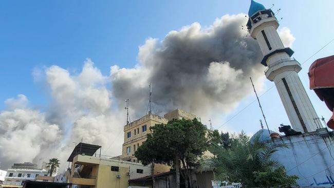 Israeli air strikes hit the council building in the southern Lebanese city of Nabatiyeh. Picture: AFP.