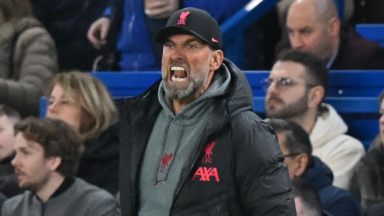 Liverpool's German manager Jurgen Klopp gestures on the touchline during the English Premier League football match between Chelsea and Liverpool at Stamford Bridge in London on April 4, 2023. (Photo by Glyn KIRK / AFP) / RESTRICTED TO EDITORIAL USE. No use with unauthorized audio, video, data, fixture lists, club/league logos or 'live' services. Online in-match use limited to 120 images. An additional 40 images may be used in extra time. No video emulation. Social media in-match use limited to 120 images. An additional 40 images may be used in extra time. No use in betting publications, games or single club/league/player publications. /