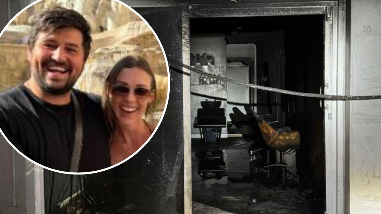 Chris Pappas and Krystle Earsman - her HSK Hair salon on the Gold Coast Highway at Mermaid Beach has been firebombed weeks after he was attacked at home.