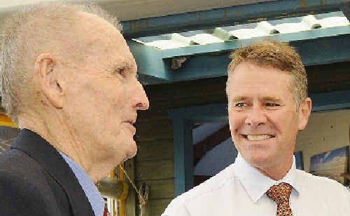 Ballina resident and National Party member Neil Saines (left) with Andrew Stoner in Ballina yesterday during a visit by the leader of the National Party and several shadow ministers. . Picture: Doug Eaton