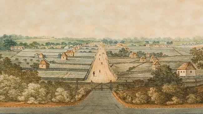 Convict huts line High Street, now George Street, Parramatta, viewed from the gates of Government House in an illustration from 1805. Picture: Sydney Living Museums