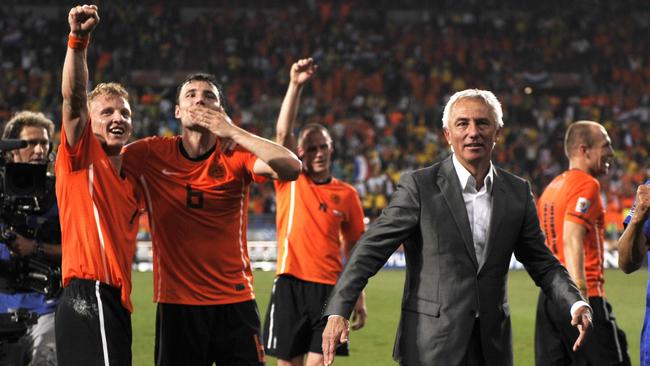 Dirk Kuyt, Mark van Bommel and Bert van Marwijk at the 2010 World Cup.