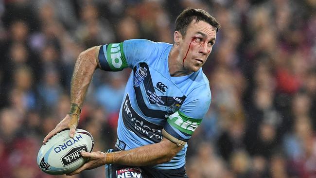 James Maloney of the Blues during Game 3 of the 2018 State of Origin series between the NSW Blues and the Queensland Maroons at Suncorp Stadium in Brisbane, Wednesday, July 11, 2018. (AAP Image/Dave Hunt) NO ARCHIVING, EDITORIAL USE ONLY