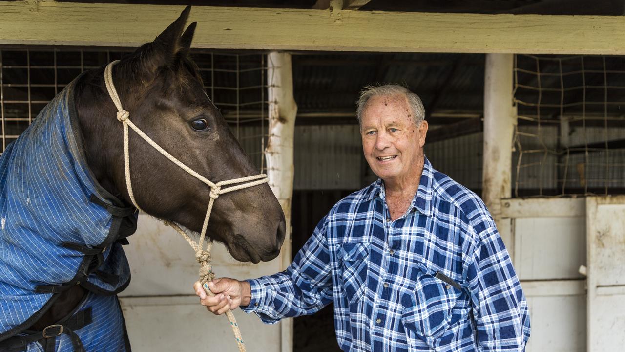 Toowoomba barber Greg Gabbett has retired, pictured here at his Wellcamp property with his horse Secret, Thursday, June 3, 2021. Picture: Kevin Farmer