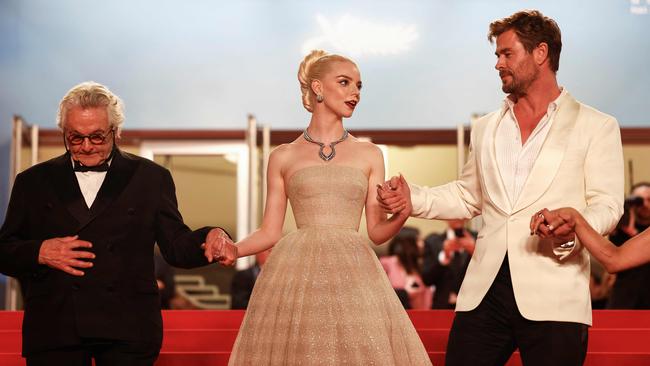 Chris Hemsworth, Anya Taylor-Joy and George Miller at the Cannes Film Festival. Picture: Sameer Al-Doumy / AFP