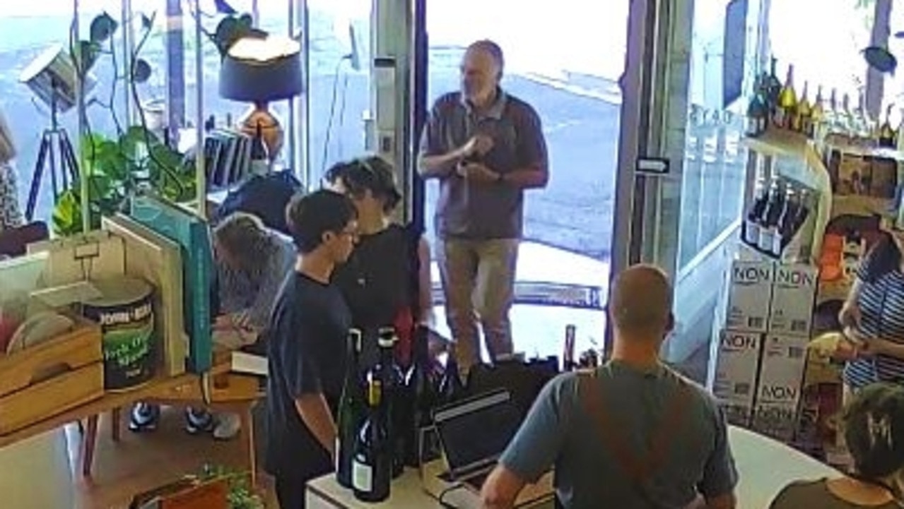 Mr Swale was captured on CCTV entering the Winespeake cellar and deli in Daylesford asking for a table about 30 minutes before a fatal crash. Picture: Supplied/ Magistrates' Court of Victoria.