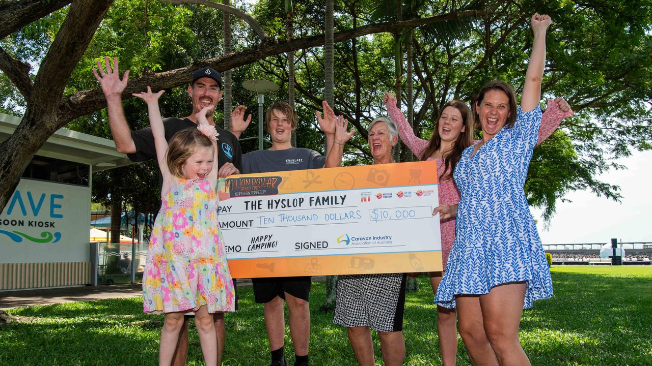 Bec Hyslop, Flynn Hyslop, Jill Hyslop, Tully Hyslop, Lonnie Hyslop and Quinn Hyslop have been announced as the $10,000 winners of the NT Million Road Trip. Picture: Pema Tamang Pakhrin