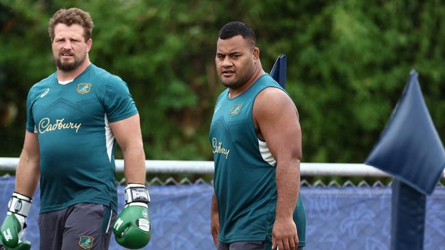 SAINT-ETIENNE, FRANCE - SEPTEMBER 13: James Slipper and Taniela Tupou during a Wallabies training session ahead of the Rugby World Cup France 2023, at Stade Roger Baudras on September 13, 2023 in Saint-Etienne, France. (Photo by Chris Hyde/Getty Images)