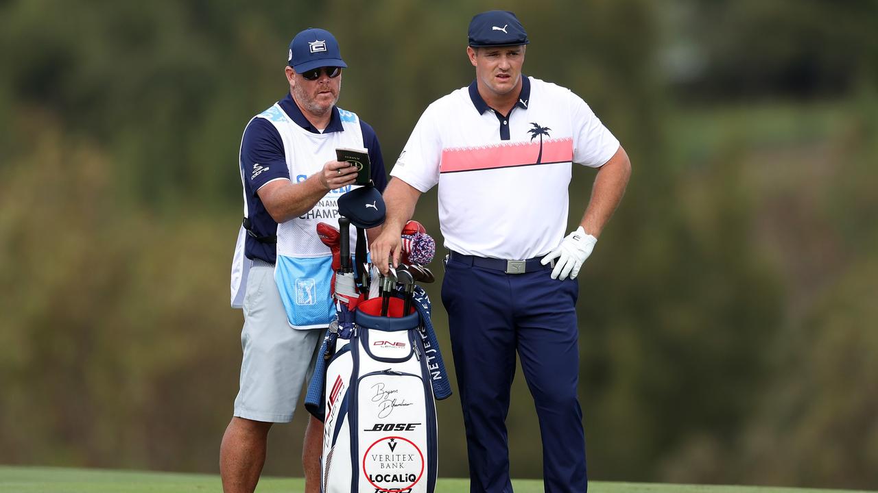 Bryson DeChambeau’s golf bag missing the Trump Golf logo. Gregory Shamus/Getty Images/AFP