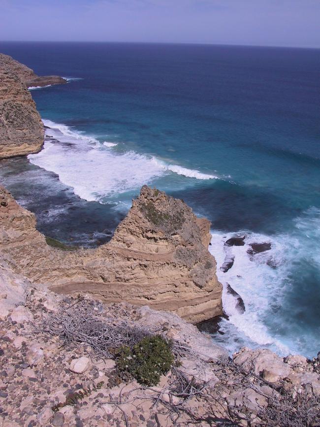 The rugged coastline at Whalers Way, south of Port Lincoln on the Eyre Peninsula, including an osprey nest on a rocky outcrop. Picture: Marcus Pickett