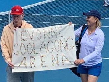 28/01/2020 Martina Navratilova and John McEnroe protest for Margaret Court Arena to be renamed in honour of Evonne Goolagong. Source: Twitter