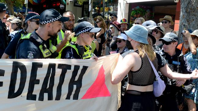 Protesters chanted “cops kill queers” and “bottoms, tops, we all hate cops” at the Midsumma Pride Parade along Fitzroy Street St Kilda. Picture: Andrew Henshaw