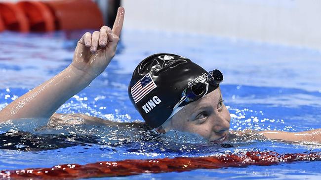 USA's Lilly King cheers after competing in the Women's 100m Breaststroke Semi-final.