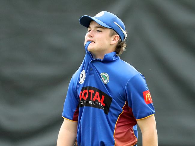 SYDNEY, AUSTRALIA - JANUARY 25: Thomas Bermingham of Northern Districts reacts during the semi final of the AW Green Shield match between Northern Districts DCC and Parramatta DCC at Asquith Oval on January 25, 2022 in Asquith, Sydney, Australia. (Photo by Jeremy Ng/Newscorp Australia)