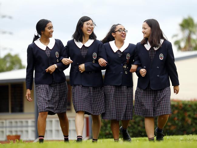 WEEKEND TELEGRAPH - 17/12/20Top performing year 12 students from Tangara School for Girls in Cherrybrook pictred after receiving their HSC marks. L to R, Amy Weber, Amy Haryanto, Jasmine Aitken and Olivia Bosworth.  Picture: Sam Ruttyn