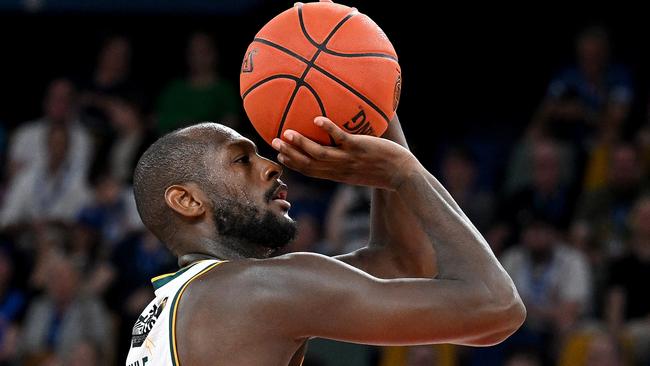 BRISBANE, AUSTRALIA - OCTOBER 26: Milton Doyle of the Jackjumpers takes a free throw during the round six NBL match between Brisbane Bullets and Tasmania Jackjumpers at Brisbane Entertainment Centre, on October 26, 2024, in Brisbane, Australia. (Photo by Bradley Kanaris/Getty Images)