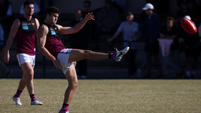 Old Haileybury’s Samuel Loewe kicked three goals and was among the best players against the Uni Blacks on Saturday. Picture: Hamish Blair