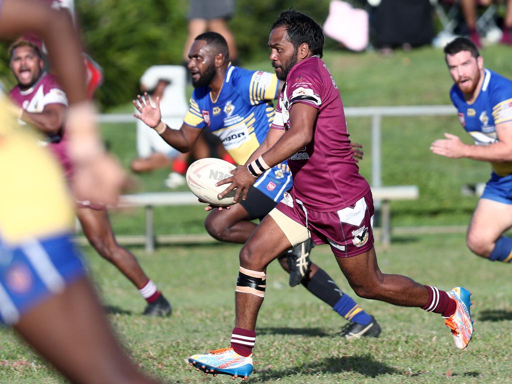 Seahawks' Coleridge Dabah breaks the Kangaroos’ defensive line in the Cairns and District Rugby League (CDRL). Picture: Brendan Radke