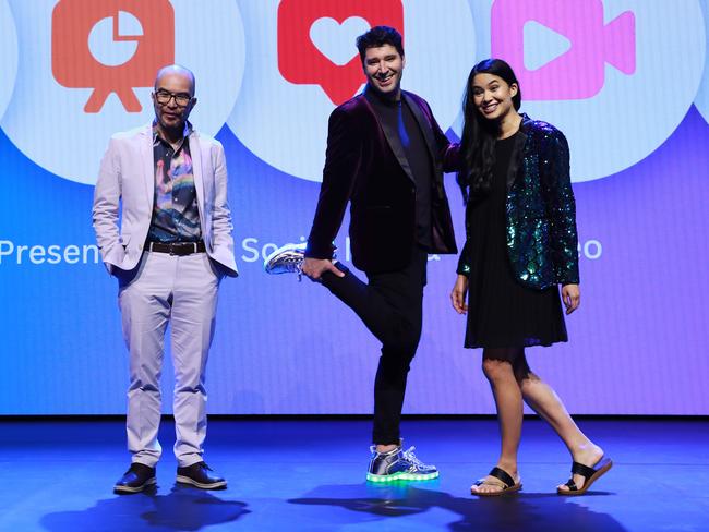 14/9/22: Canva co-founders Melanie Perkins, Cliff Obrecht and Cameron Adams speaking on-stage at Canva's Create event, announcing the next generation of their company. John Feder/The Australian.