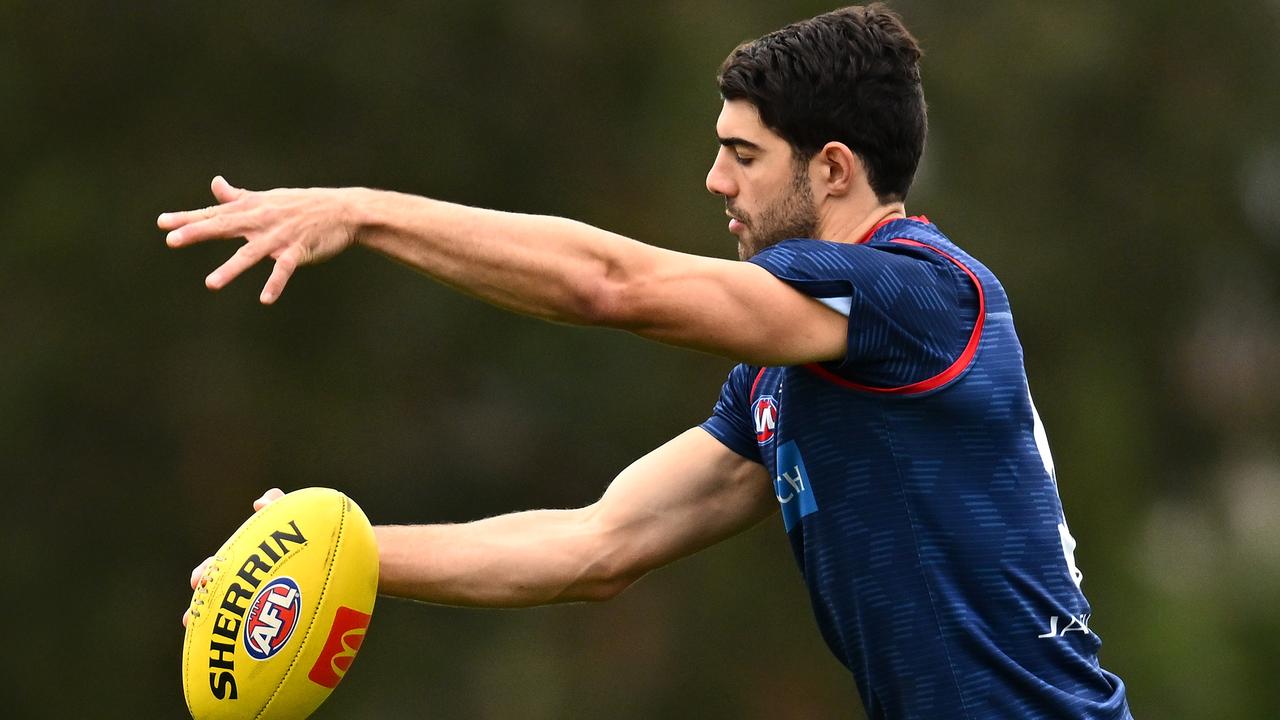 Christian Petracca hit the track with the main group at Casey Fields on Tuesday. Picture: Quinn Rooney / Getty Images