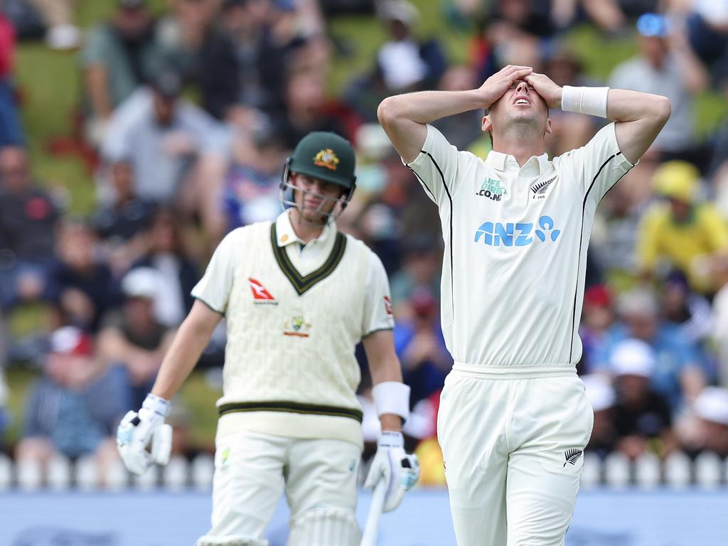 Matt Henry reacts early on day one as Australia start strong. Picture: Getty