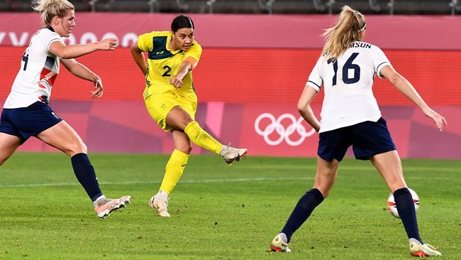 Sam Kerr shoots and scores in the Matildas’ quarter-final victory over Great Britain. Picture: AFP