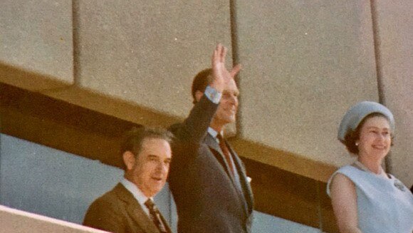 Asher Joel with Prince Phillip and Queen Elizabeth at the opening of the Sydney Opera House in 1973. Supplied by Alexandra Joel.