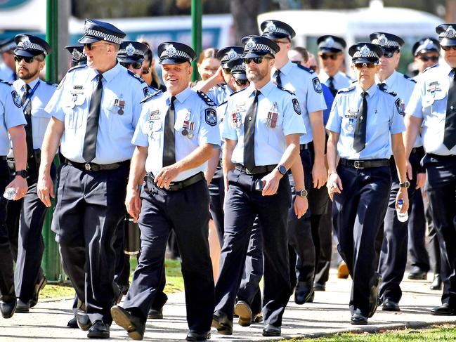 Mourners at the memorial service with full police honours for constables Rachel McCrow and Matthew Arnold at Brisbane Entertainment Centre. Picture: John Gass/NCA NewsWire