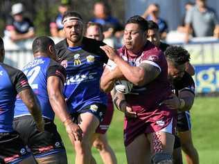 UP AND RUNNING: Fassifern player Sione Pintau takes on the Goodna defence in last weekend's first round of Rugby League Ipswich matches. Picture: Rob Williams