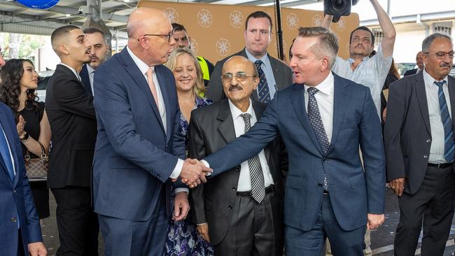 Peter Dutton shakes hands Chris Bowen at the Assyria New Year at Fairfield Showgrounds. Picture: Thomas Lisson/NewsWire