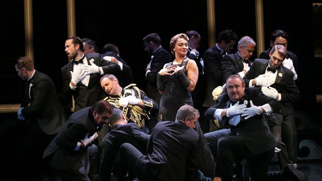 Danielle de Niese (centre) in sparkling form in Opera Australia’s production of The Merry Widow. Picture: Richard Dobson