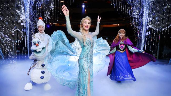 Frozen cast members Matt Lee as Olaf, Jemma Rix as Elsa and Courtney Monsma as Anna. Picture: David Caird