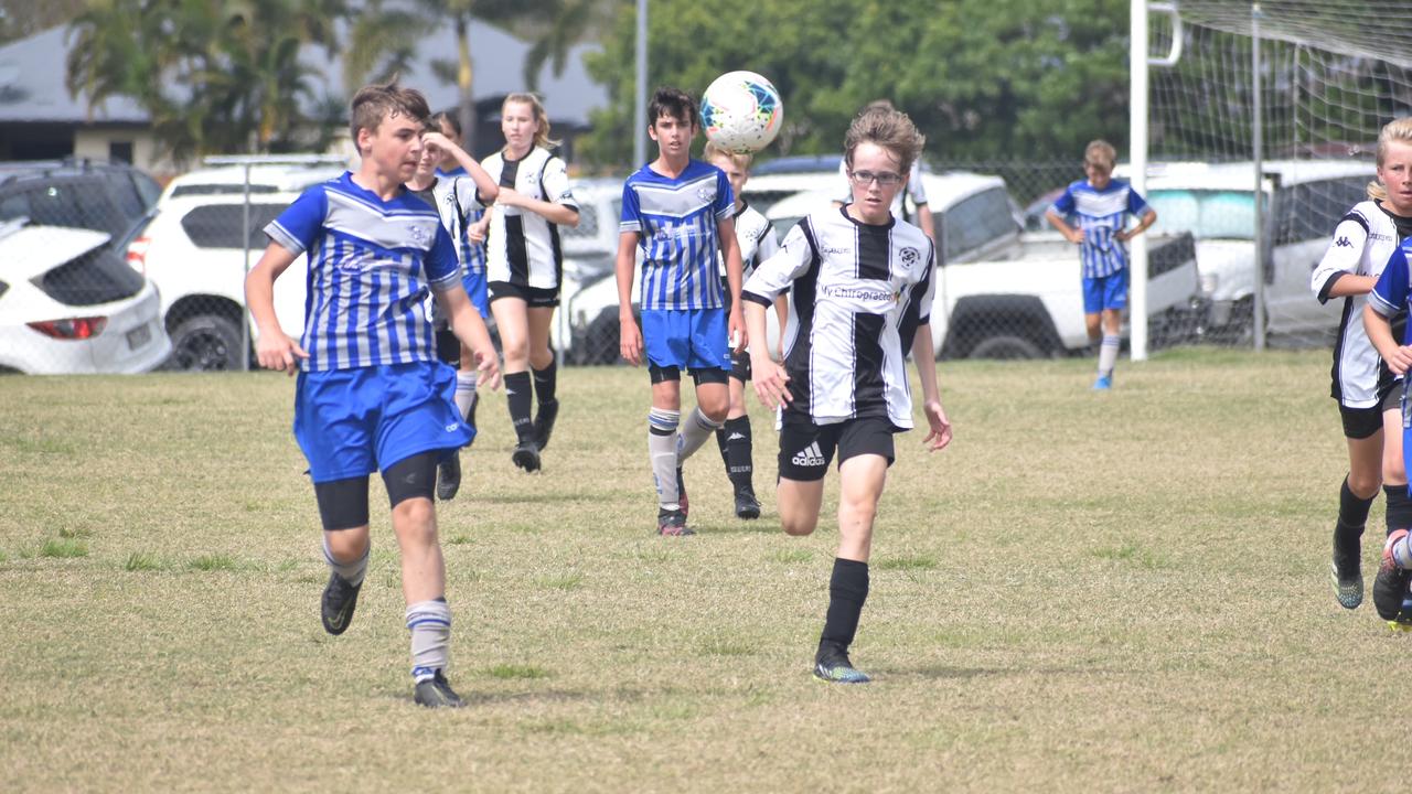 Khye Tuckerman (left) and Lachlan Russell in the Dolphins and Magpies clash at Mackay Football Park, August 21, 2021. Picture: Matthew Forrest