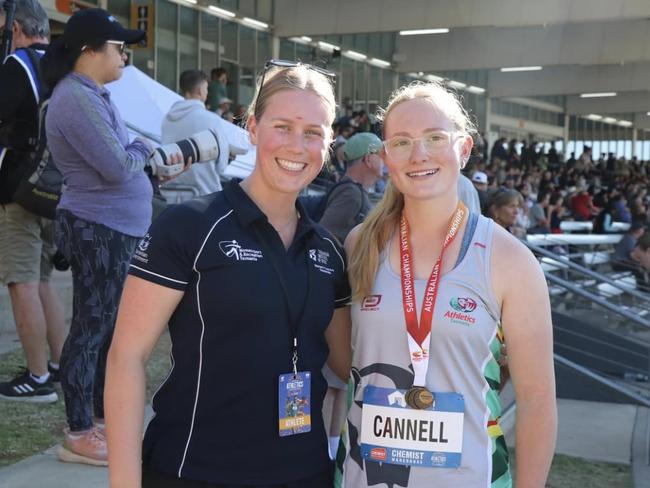 Tasmania hammer thrower Arielle Cannell with coach Rachel Hosie after she won the under-20 title at the Australian Athletics Championships. Picture: Athletics Tasmania