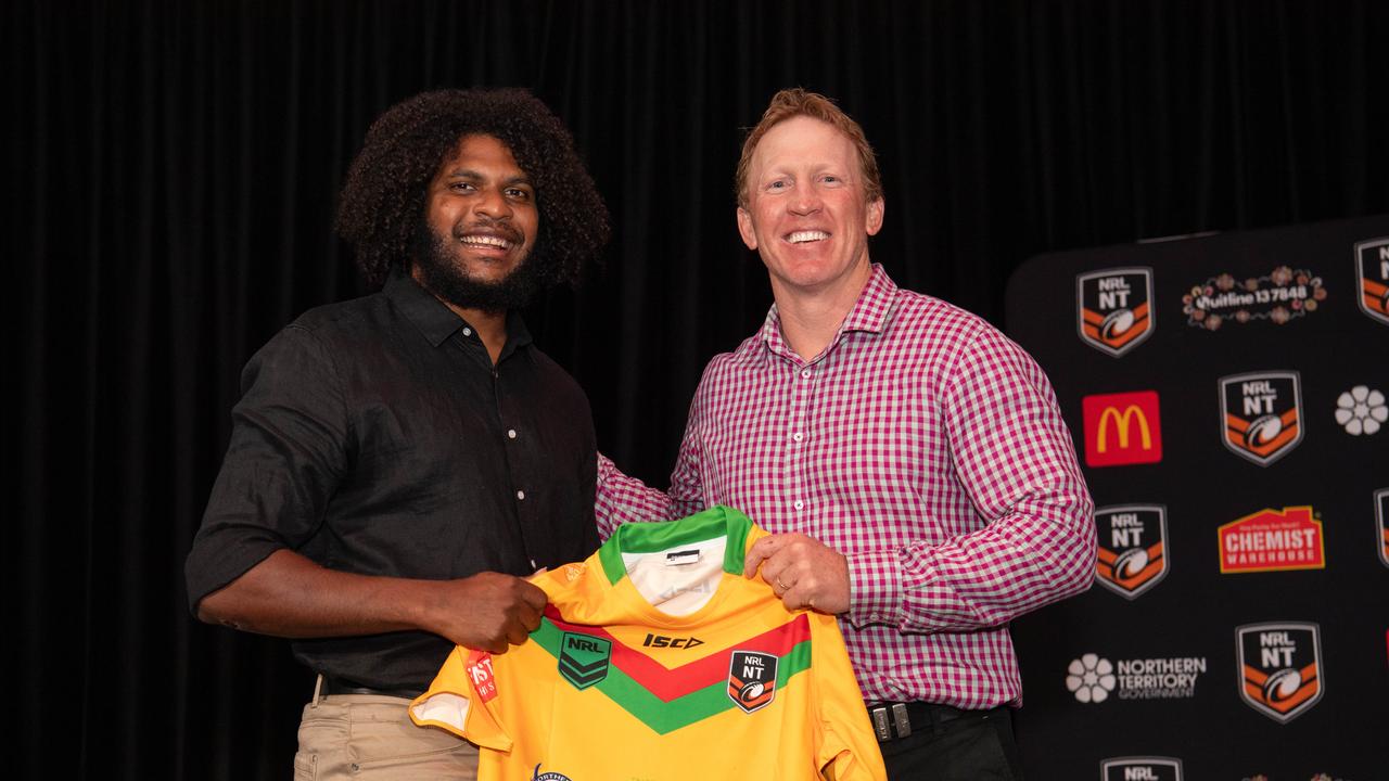 Caleb Niki and Alan Tongue at the 2023 NRL NT Frank Johnson / Gaynor Maggs medal night. Picture: Pema Tamang Pakhrin