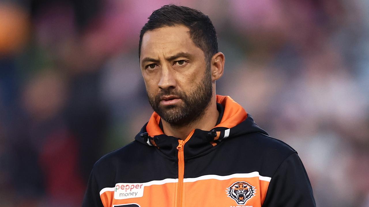 SYDNEY, AUSTRALIA - MAY 20: Tigers assistant coach Benji Marshall looks on prior to the round 12 NRL match between Wests Tigers and North Queensland Cowboys at Leichhardt Oval on May 20, 2023 in Sydney, Australia. (Photo by Matt King/Getty Images)