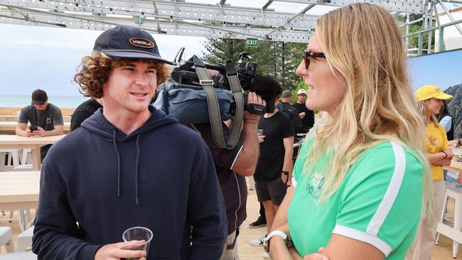 Locals Liam O'Brien and Stephanie Gilmore talking tactics before the Gold Coast Pro are both still alive as locals swarm the final rounds. Picture: Glenn Hampson
