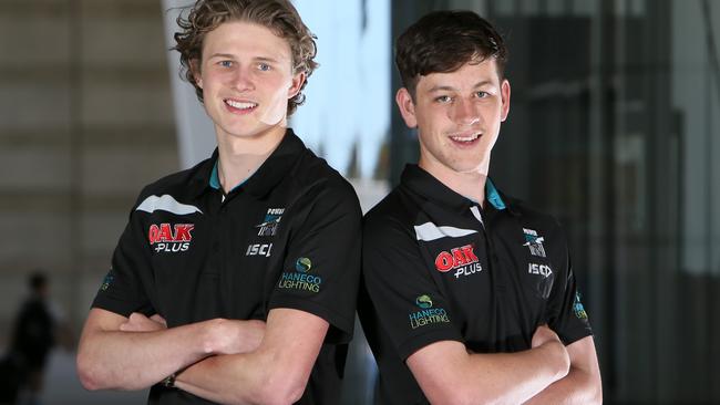 Port Adelaide draftees Zak Butters and Xavier Duursma. Picture: Emma Brasier