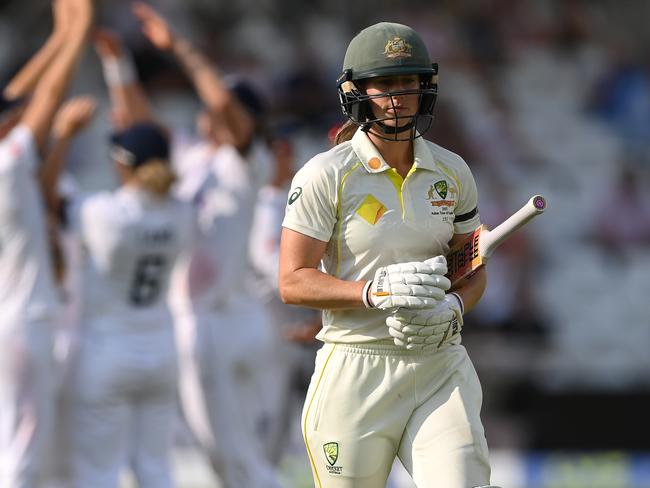 NOTTINGHAM, ENGLAND - JUNE 22:  Australia batter Ellyse Perry reacts after being dismissed for 99 runs during day one of the LV= Insurance Women's Ashes Test match between England and Australia at Trent Bridge on June 22, 2023 in Nottingham, England. (Photo by Stu Forster/Getty Images)