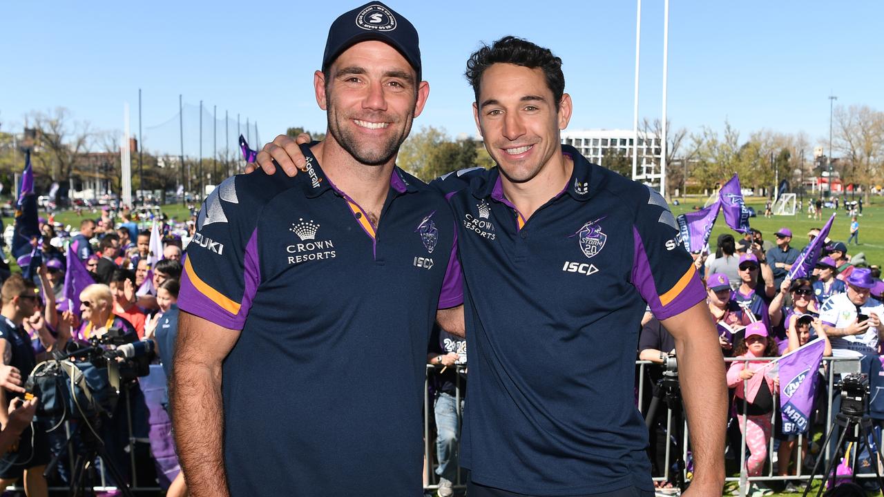 Melbourne Storm captain Cameron Smith and Billy Slater after their grand final loss to the Roosters in 2018. (AAP Image/James Ross)