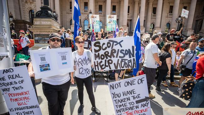 Protesters gather at the Victorian State Parliament in Melbourne’s CBD in November to protest the state’s pandemic legislation and Covid-19 vaccine mandates. Picture: Jason Edwards