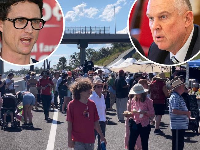 Gympie MP Tony Perrett (inset right) has fired up over the price of a community day out to celebrate the impending opening of the Gympie Bypass, which he says amounts to a cost of $60,000 per hour. Transport Minister Bart Mellish (inset left) revealed the event cost $311,000 following questions from Mr Perrett.