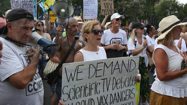 Protesters holds signs and placards as part of a freedom demonstration in Parliament Square, London, in 2021. Picture: Martin Pope/Getty Images