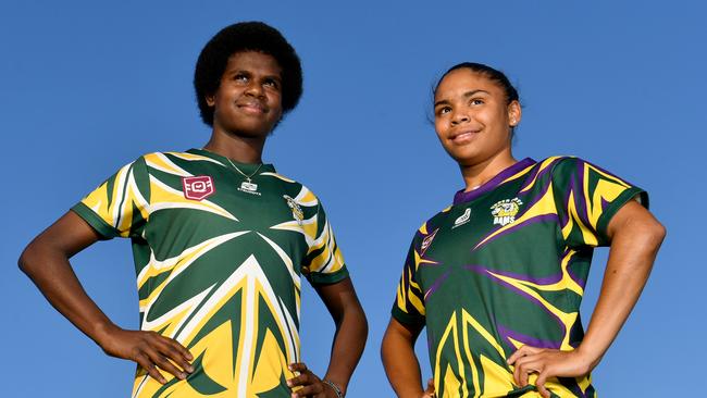 Upper Ross Rams players Mena Warria, 14, and Milleah Fulford, 14, have scored the most tries of any junior rugby league player in Townsville at the midway point of the 2024 season. Picture: Evan Morgan